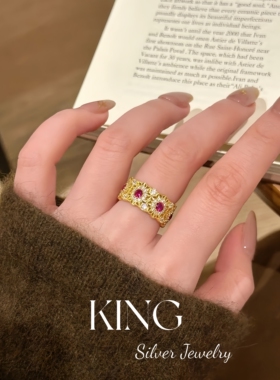 king银饰珠宝银玫瑰花窗红宝戒指