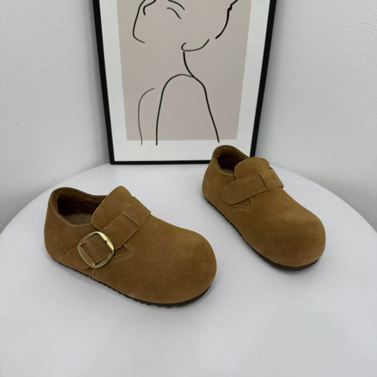 真皮羊毛加绒勃肯鞋女2025冬季新款圆头内增高加厚保暖厚底棉鞋潮 - 图1