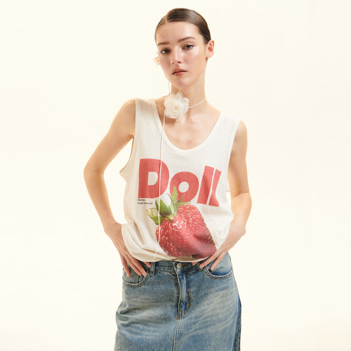Cozydoll 棉麻U型露背舒适草莓立体印花正肩上衣慵懒辣妹吊带背心 - 图2