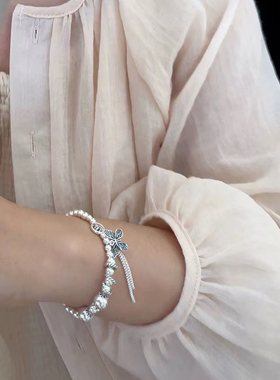 新款流苏蝴蝶银手链女夏S925纯银韩版小众设计小清新款银珠手串