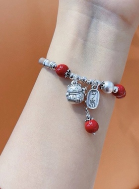 足银999竹节步步高升招财猫手链搭配原矿朱砂复古款时尚龙年手链