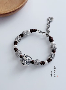 新款999纯银醒狮编织手链男女款复古国风转运珠手串送女友礼物