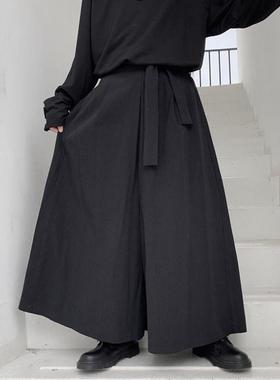 男士黑色绑带阔腿风裙裤