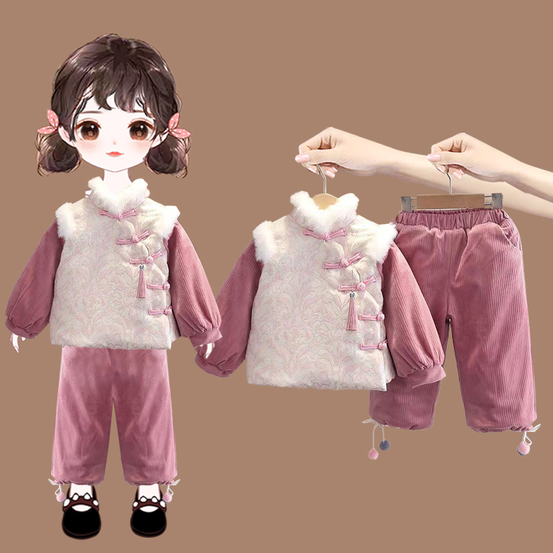 拉夏贝尔女童棉服套装秋冬新保暖国风两件套小女孩可爱洋气拜年服