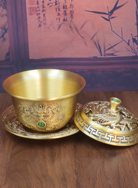 黄铜宝石龙凤盖碗三件套茶道摆件