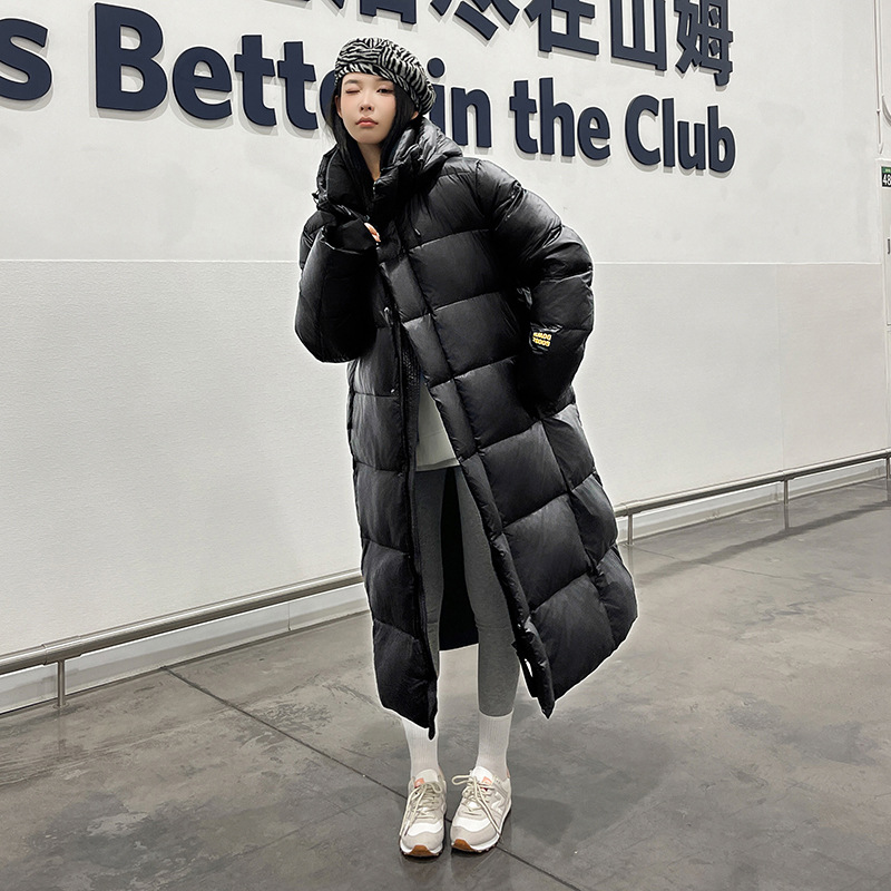 黑金款长款过膝八格羽绒服男女同款连帽子加绒加厚羽绒外套