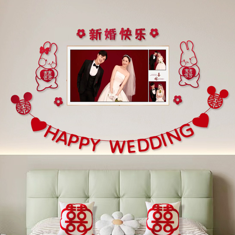结婚卧室婚纱照装饰主卧婚礼网红男方女方婚房床头沙发背景墙布置-图2