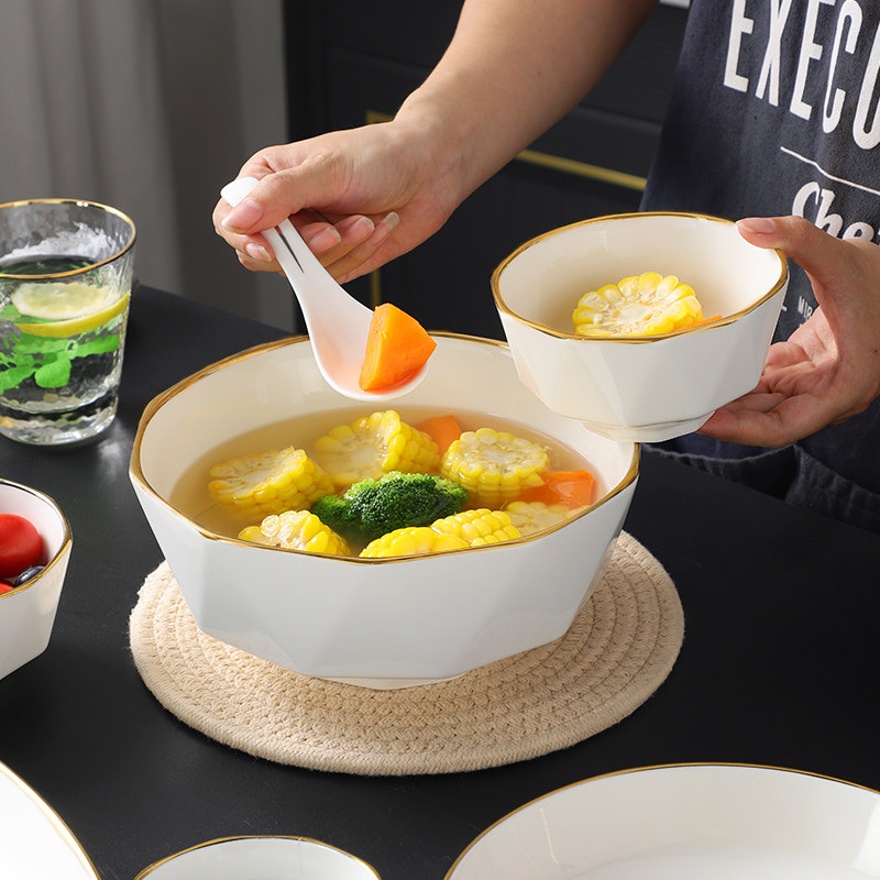 酒店饭店会所金边陶瓷碗盘餐具套装高级感金边米饭碗中式面碗汤碗,淘宝优惠券,粉丝福利购,淘宝优惠卷