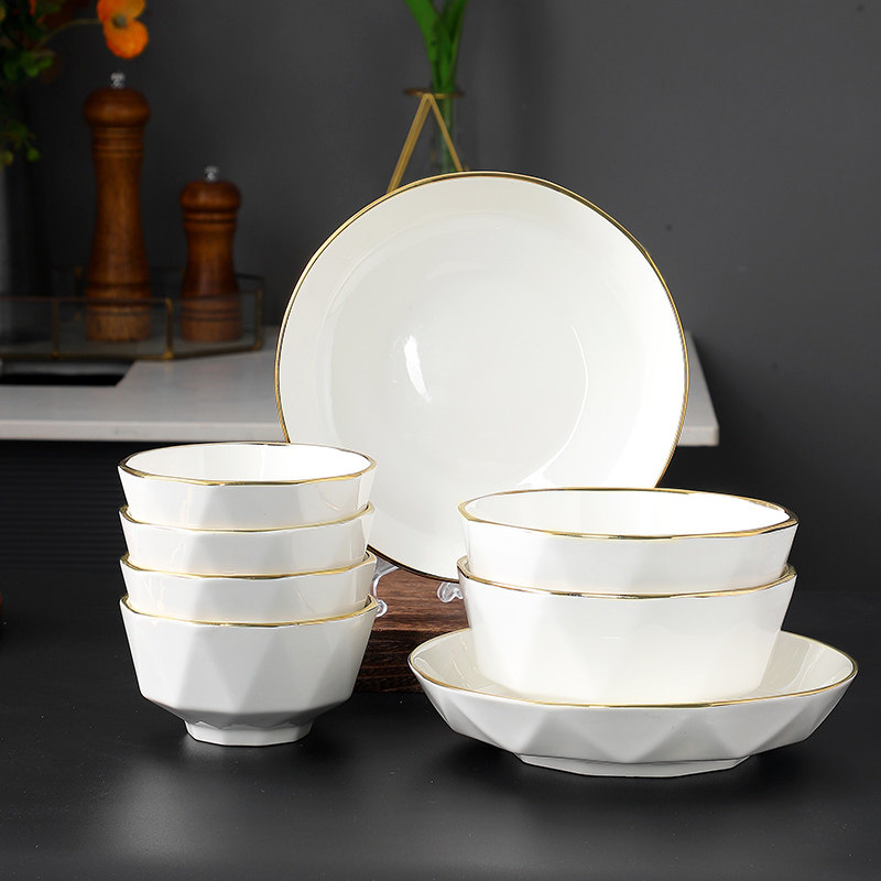 酒店饭店会所金边陶瓷碗盘餐具套装高级感金边米饭碗中式面碗汤碗,淘宝优惠券,粉丝福利购,淘宝优惠卷