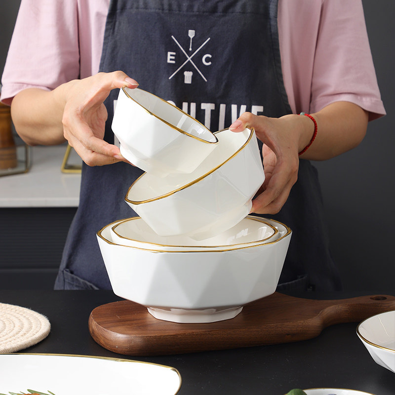 酒店饭店会所金边陶瓷碗盘餐具套装高级感金边米饭碗中式面碗汤碗,淘宝优惠券,粉丝福利购,淘宝优惠卷