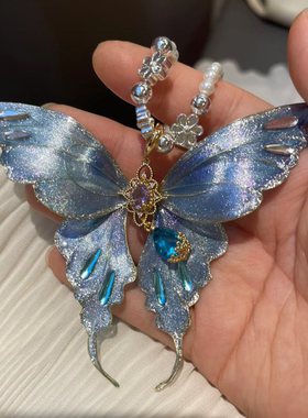 晴山原创手工掐丝蝴蝶蓝色吊坠高级感气质温柔仿贝珠女生治愈项链