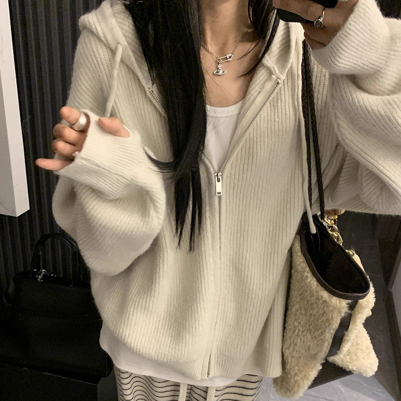 韩系连帽拉炼毛衣女秋季2025新款内搭慵懒高级感针织开衫厚棉T外,淘宝优惠券,粉丝福利购,淘宝优惠卷