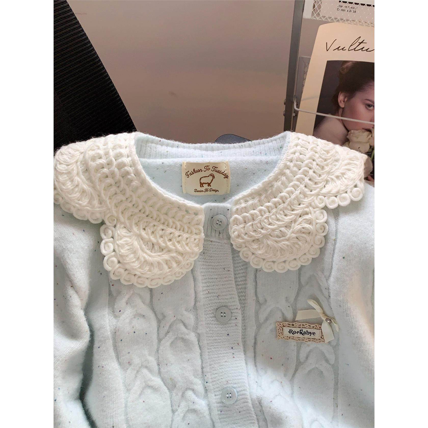 蓝色甜美娃娃领花边针织开衫女学院风日系穿搭毛衣外套奶乖上衣秋,淘宝优惠券,粉丝福利购,淘宝优惠卷