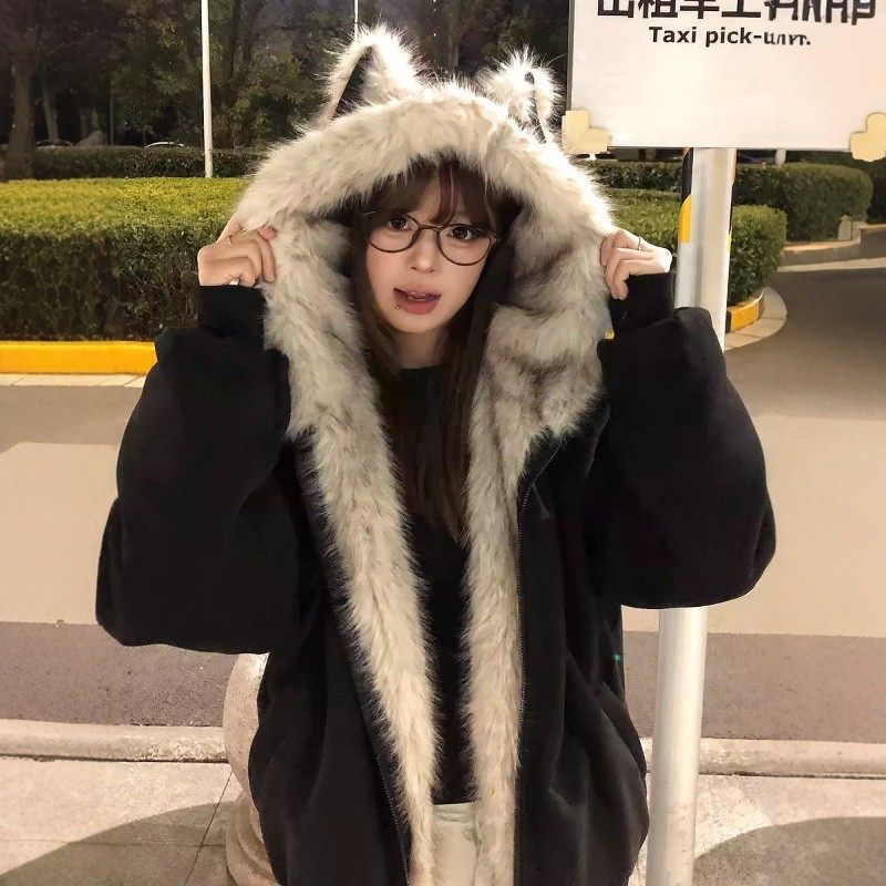 猫耳朵毛领座山雕棉服外套女2025冬季新款厚美式短款棉衣连帽棉袄,淘宝优惠券,粉丝福利购,淘宝优惠卷