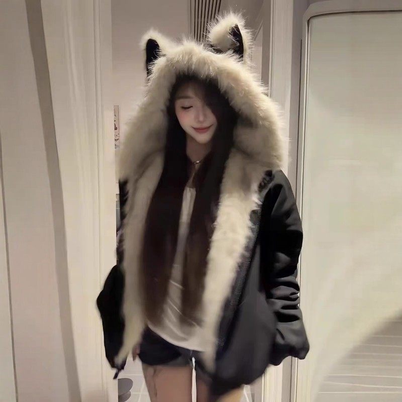 猫耳朵毛领座山雕棉服外套女2025冬季新款厚美式短款棉衣连帽棉袄,淘宝优惠券,粉丝福利购,淘宝优惠卷