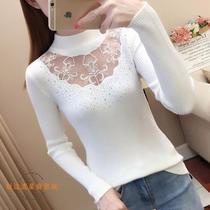 Autumn and winter New pint with long sleeves hooded sweatshirt with short inserts Inlaid Drilling Lace Pure Color Knit Undershirt Woman Thin