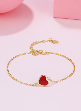 周六福爱心手链女黄金色S925银烤漆浪漫设计感送女友圣诞礼物