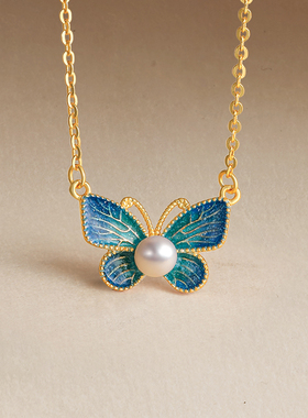 周六福蝴蝶结项链女淡水珍珠链坠S925银百搭高级感圣诞礼物送女友