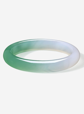 周六福半山半水玉髓手镯深白绿宽条新中式国风节日礼物送妈妈