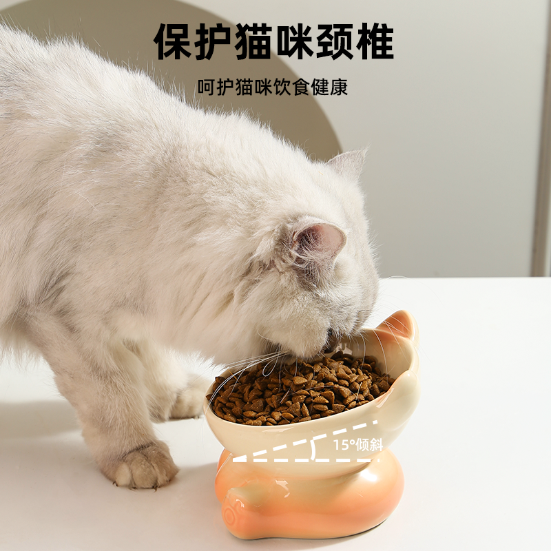 渐变猫碗陶瓷保护颈椎猫咪碗猫食盆水碗猫盆狗碗斜口宠物碗防打翻 - 图2