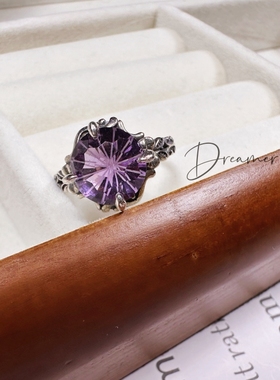 Dreamer新品925银复古做旧戒指烟花紫水晶大戒面戒指女神节礼物
