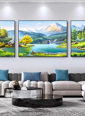 网红客画厅沙发景饰新中新挂画现式气装代简背约大山水三联壁款画