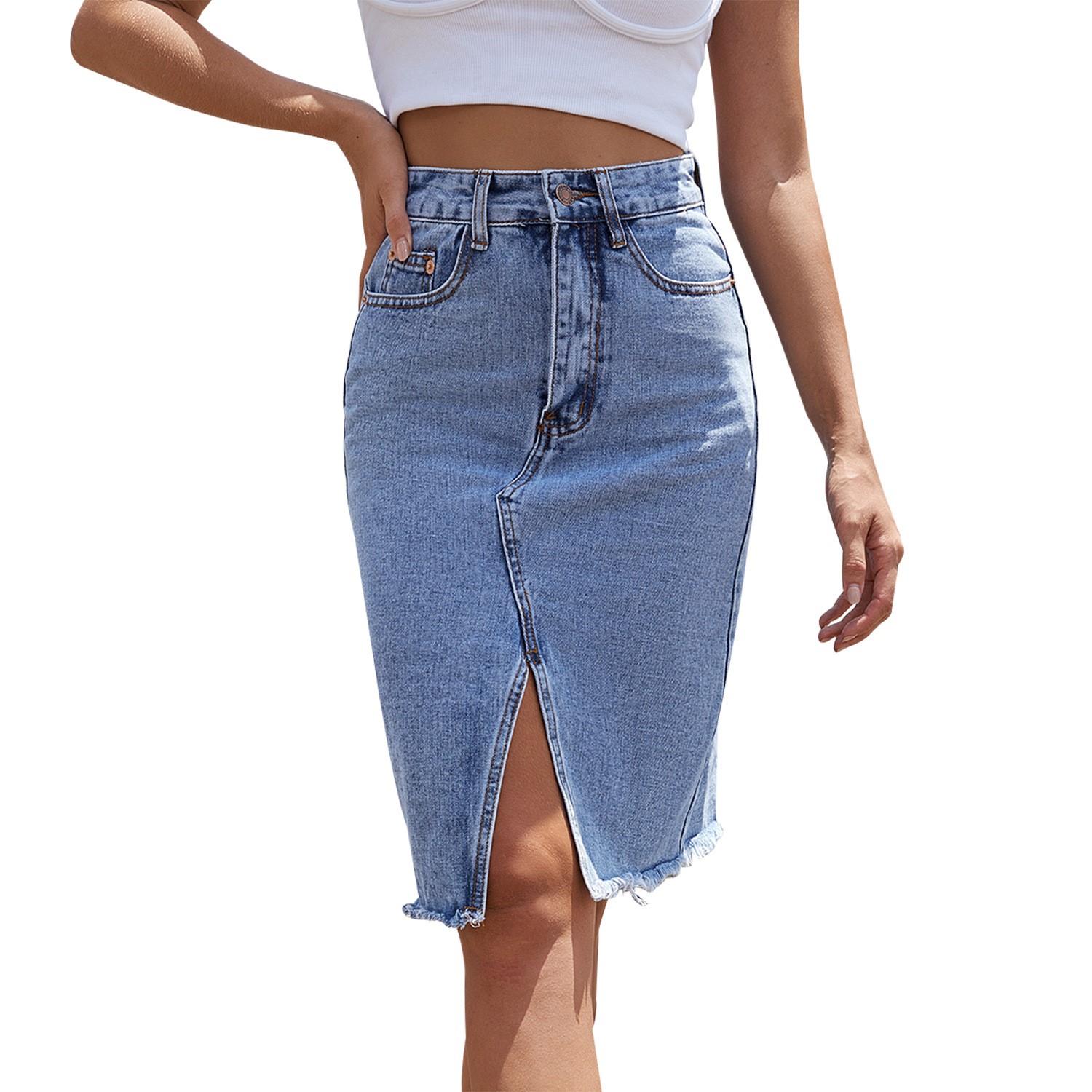 Women High Waist Denim Skirts Summer Mid-length Jeans Skirt-图3