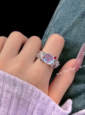 Y2K甜酷辣妹月光石开口食指戒女