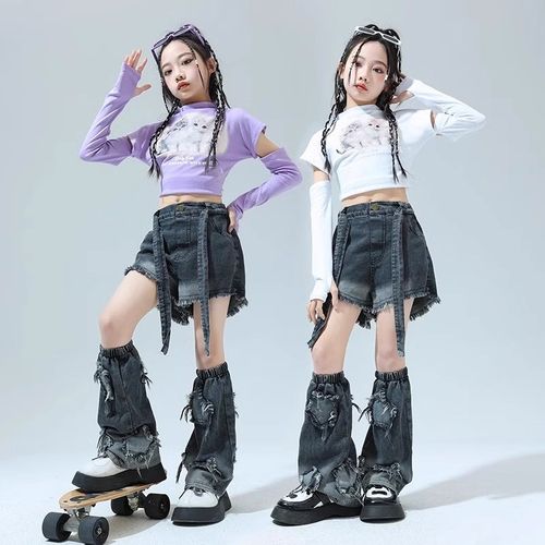 速发孩两节牛仔裤套装炸azz春流街舞潮秋款酷帅j街舞爵士舞服装 - 图1