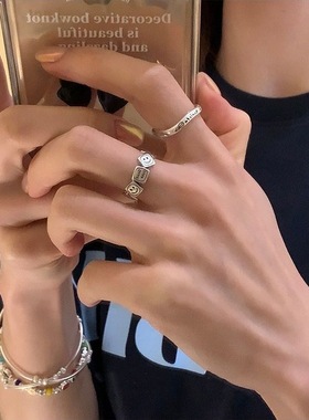 方块笑脸戒指女2023年新款小众设计复古做旧泰银时尚个性开口食指