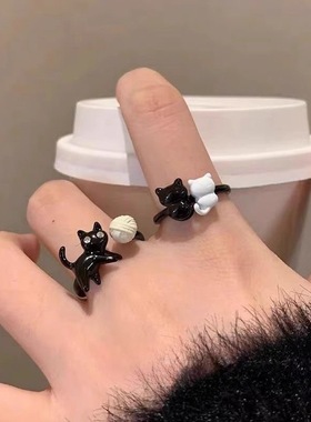 卡通搞怪黑色猫咪戒指女小众设计开口指环童趣可爱简约套装食指戒