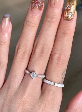 银色拉丝小方钻八芒星戒指女ins小众设计高级感轻奢开口食指戒