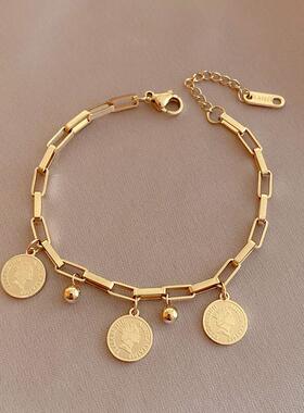 Stainless Steel Layered Golden Pendant Bracelet For Women Re