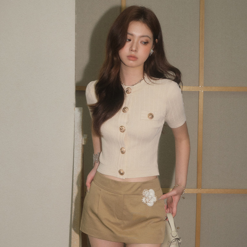 【现货】OLIVIA DUO金扣小香针织上衣女夏小香风短款韩版高腰显瘦,淘宝优惠券,粉丝福利购,淘宝优惠卷