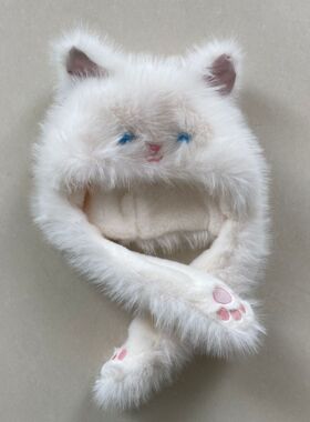 捏捏耳朵会动可爱猫咪毛绒帽子女冬季加厚保暖护耳学生包头雷锋帽
