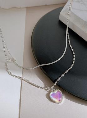 necklaces women炫彩石心形吊坠颈炼 炼 叠戴双层爱心月光石项炼