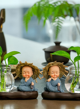 绿萝水培花瓶草帽小和尚办公桌家居摆件桌面水养插花瓶陶瓷小花瓶