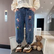 Girl Jeans Spring Autumn 2023 New Ocean Gas Embroidery Little Bear Children Loose Long Pants Baby Autumn Fit Pants Tide