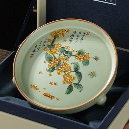 汝瓷手绘桂花摆件三足樽茶盘手工汝窑陶瓷盘省工大师定制款 - 图2
