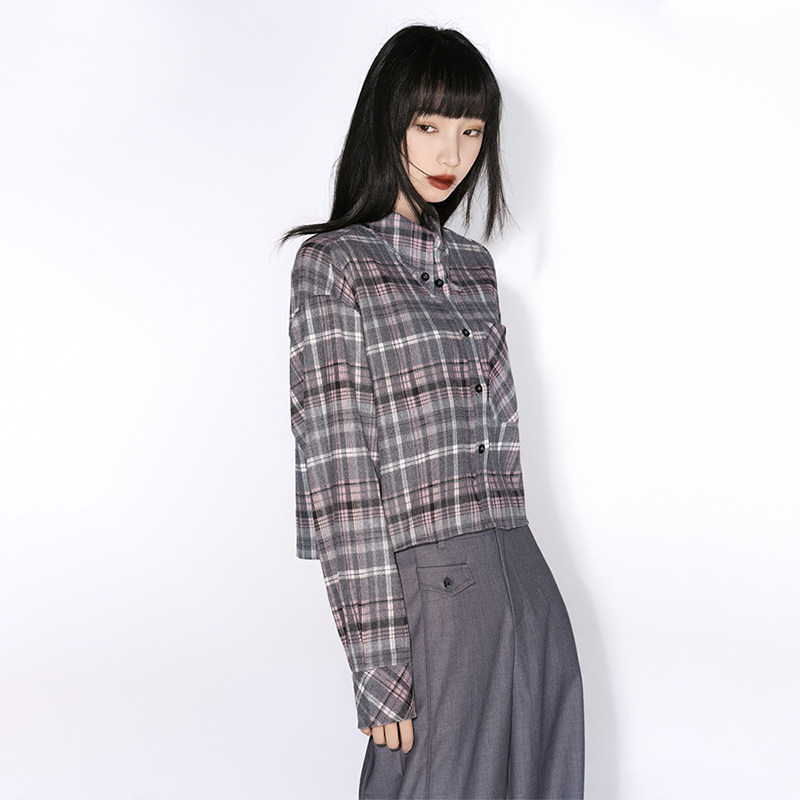 LOUZING美式格子衬衫女2025秋冬新款休闲宽松百搭磨毛长袖外套潮-图0