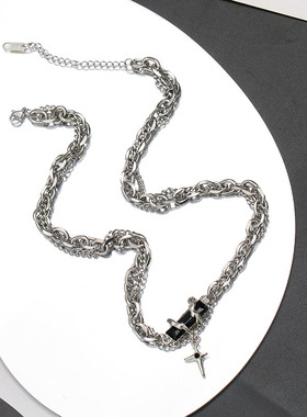 时尚叠戴嘻哈项链男士潮牌百搭高级感毛衣链痞帅配饰锁骨链女吊坠