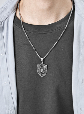 欧美圣迈克尔大天使钛钢项链 男士 美式复古盾牌挂坠时尚饰品挂件