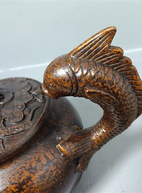 新品古玩收藏仿古老铜鎏金龙鱼z茶壶摆件家居装饰品老物件旧货包