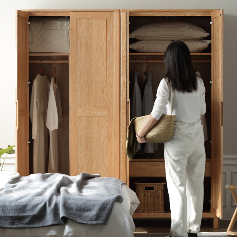 厂家直销实木原木色衣柜现代简约橡木两门四门卧室家用组装多尺寸