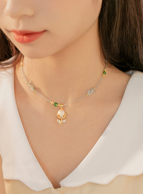 5.26新款多巴胺彩色串珠项链女春夏甜美珍珠花朵少女锁骨链小众