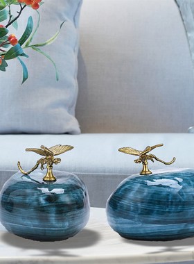 速发新中式轻式铜陶瓷软装饰品中奢样板间关厅玄客茶几酒柜摆件