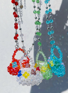 古早童趣包包吊坠彩色串珠女项链