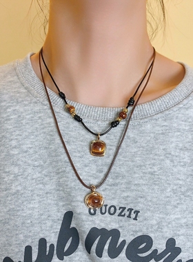 虎眼石编织皮绳项链可调节