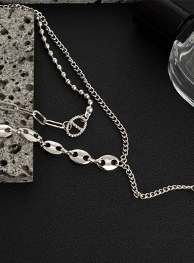钛钢不褪色双层叠戴猪鼻子项链