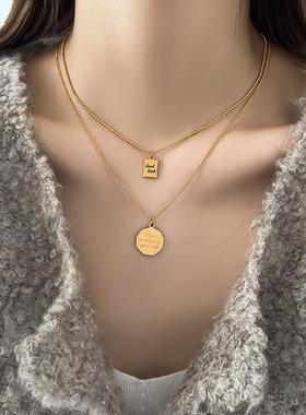 钛钢不褪色幸运小方牌双层项链